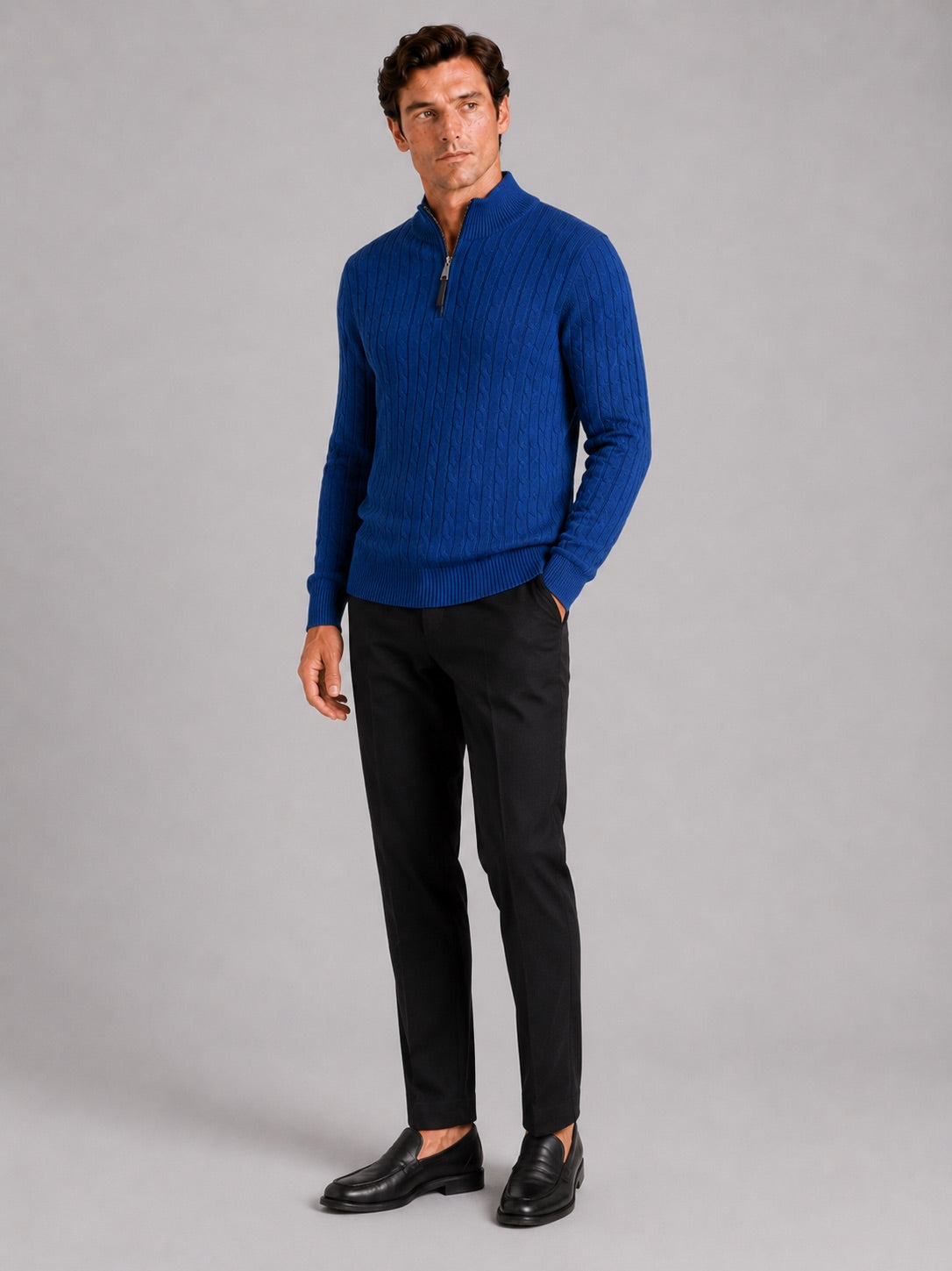 Men’s Cable Knit Pullover Jumper Mock Neck Quarter Zip Warm Autumn Winter Knitwear for Casual and Business Casual Wear