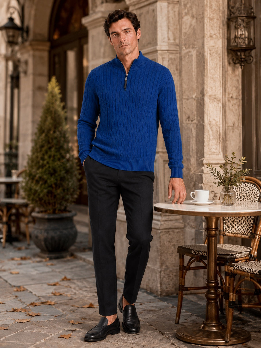 Men’s Cable Knit Pullover Jumper Mock Neck Quarter Zip Warm Autumn Winter Knitwear for Casual and Business Casual Wear