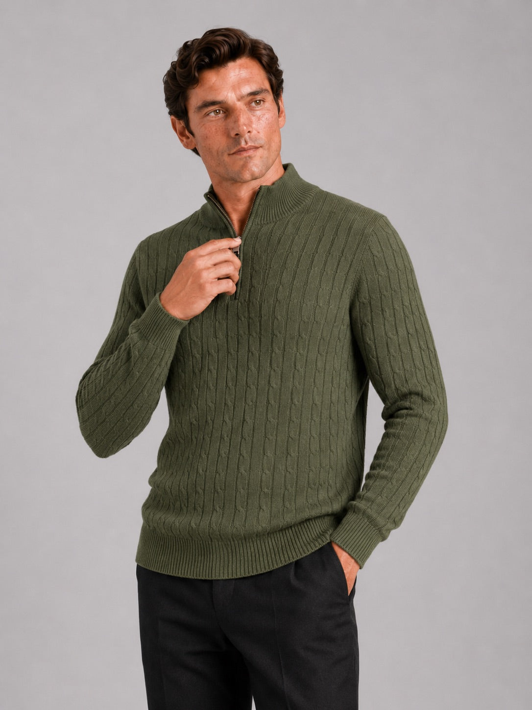Men’s Cable Knit Pullover Jumper Mock Neck Quarter Zip Warm Autumn Winter Knitwear for Casual and Business Casual Wear