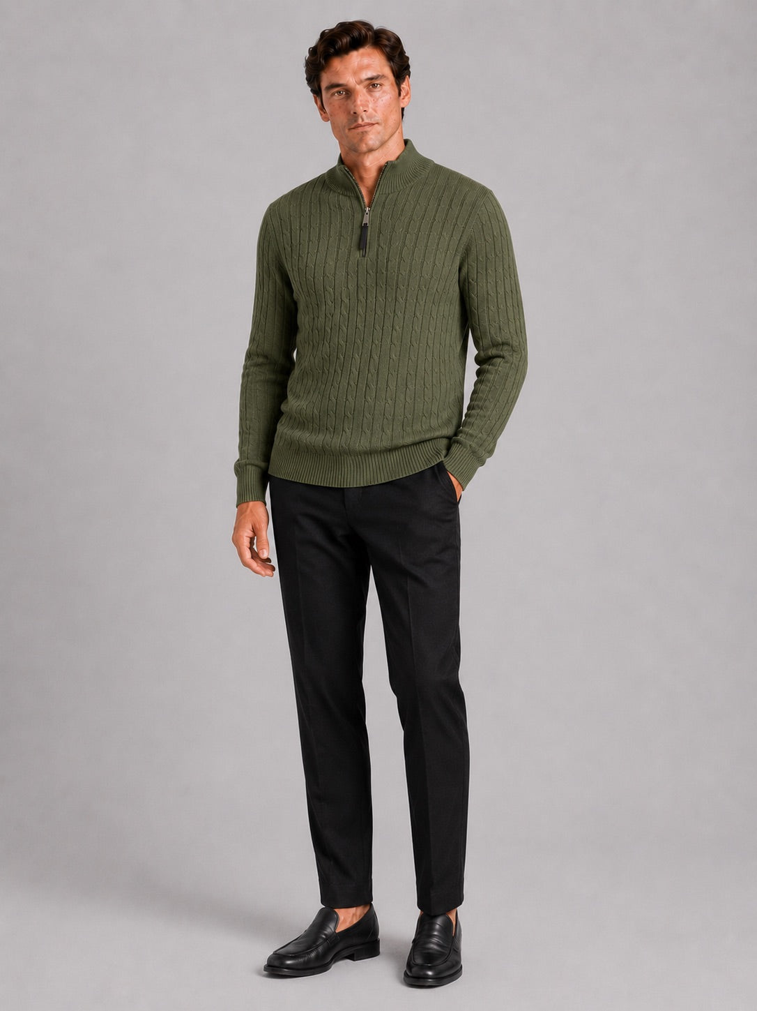 Men’s Cable Knit Pullover Jumper Mock Neck Quarter Zip Warm Autumn Winter Knitwear for Casual and Business Casual Wear