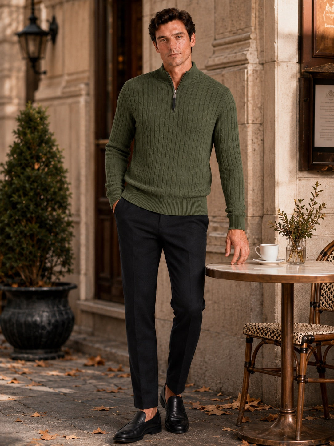Men’s Cable Knit Pullover Jumper Mock Neck Quarter Zip Warm Autumn Winter Knitwear for Casual and Business Casual Wear