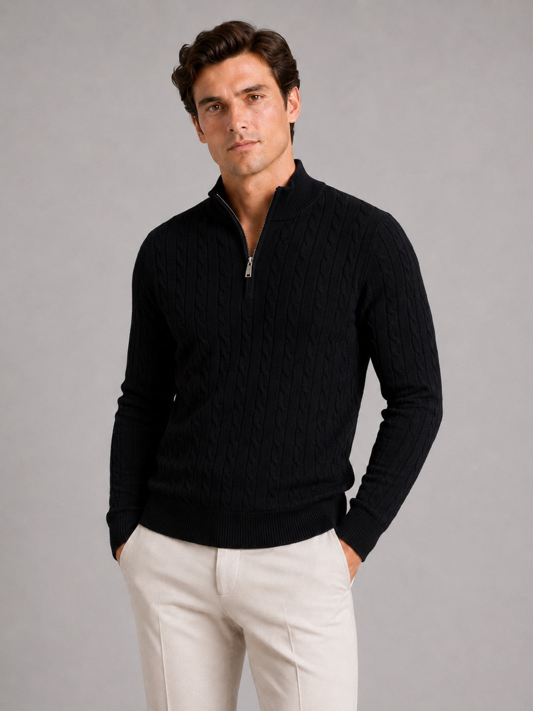 Men’s Cable Knit Pullover Jumper Mock Neck Quarter Zip Warm Autumn Winter Knitwear for Casual and Business Casual Wear
