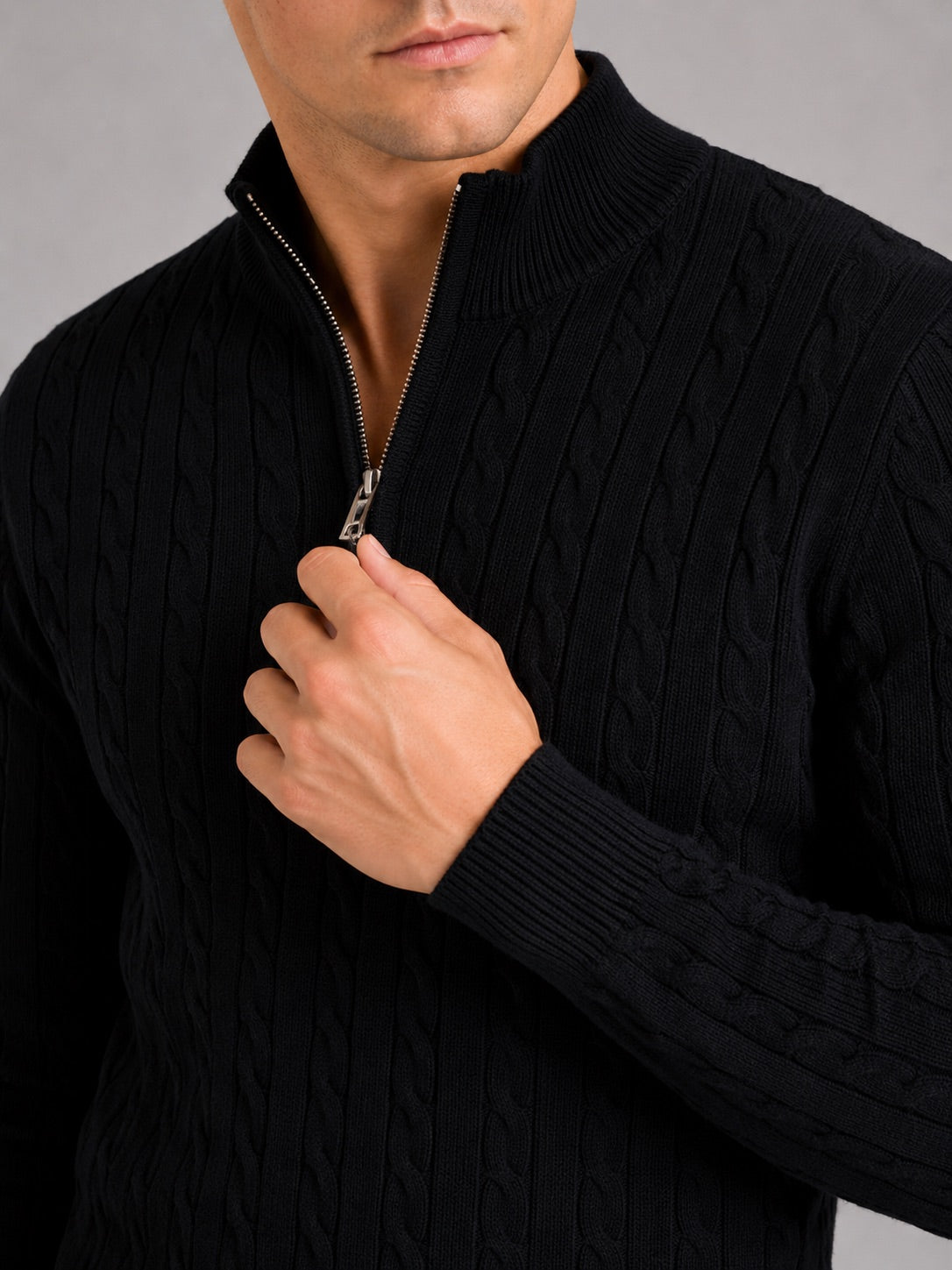 Men’s Cable Knit Pullover Jumper Mock Neck Quarter Zip Warm Autumn Winter Knitwear for Casual and Business Casual Wear