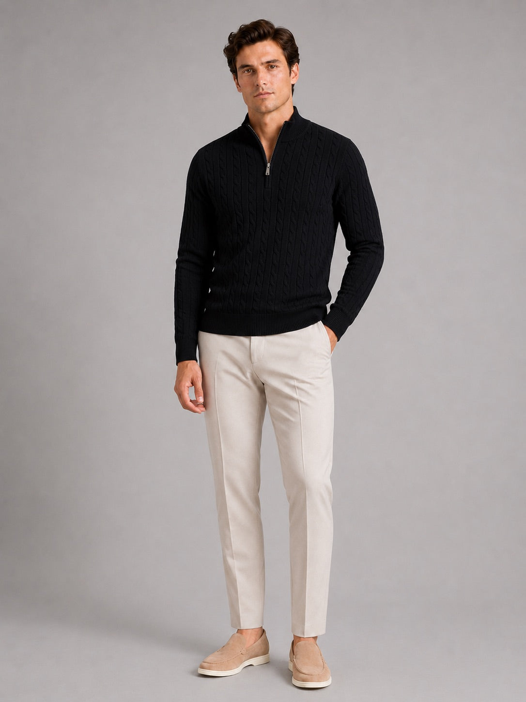 Men’s Cable Knit Pullover Jumper Mock Neck Quarter Zip Warm Autumn Winter Knitwear for Casual and Business Casual Wear