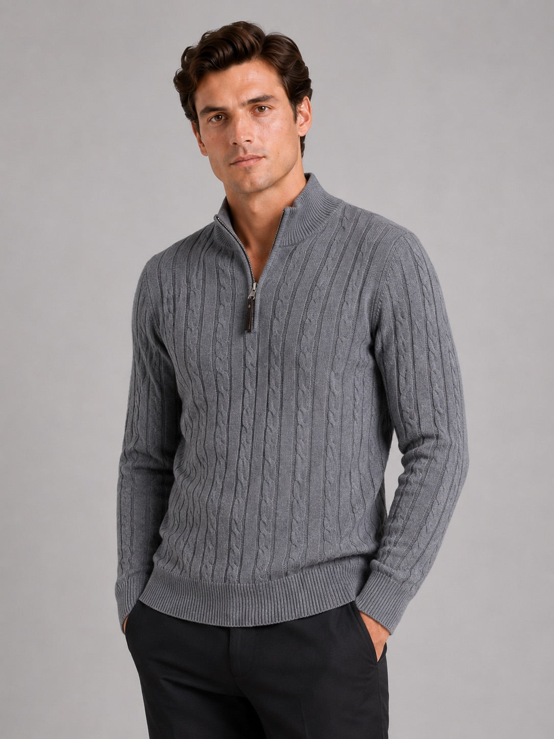 Men’s Cable Knit Pullover Jumper Mock Neck Quarter Zip Warm Autumn Winter Knitwear for Casual and Business Casual Wear
