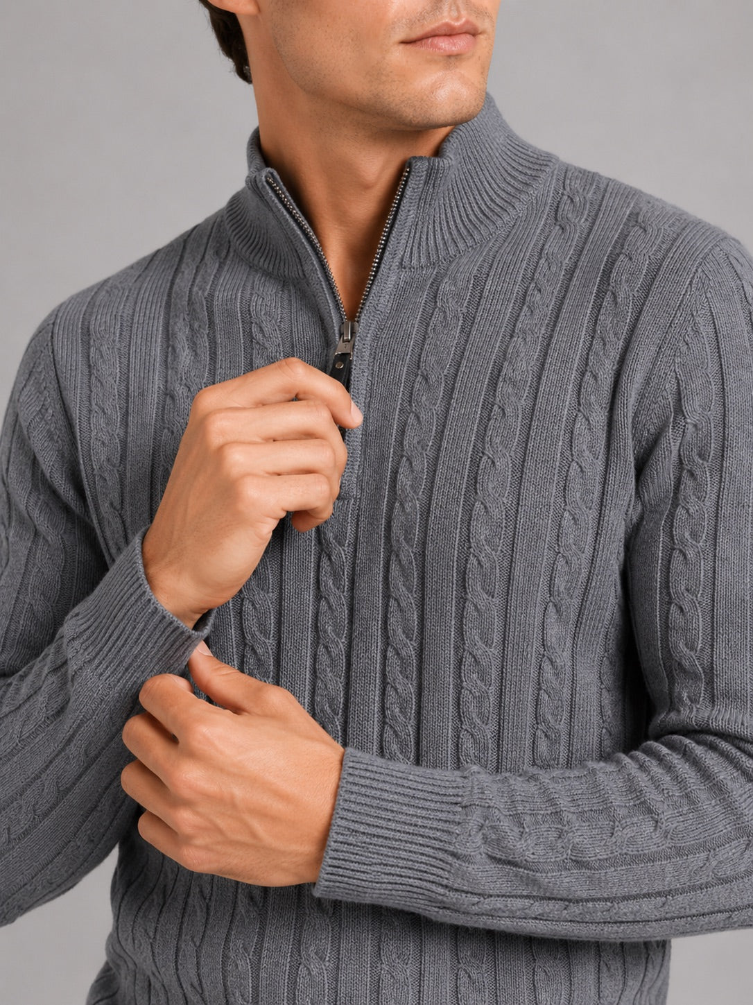 Men’s Cable Knit Pullover Jumper Mock Neck Quarter Zip Warm Autumn Winter Knitwear for Casual and Business Casual Wear