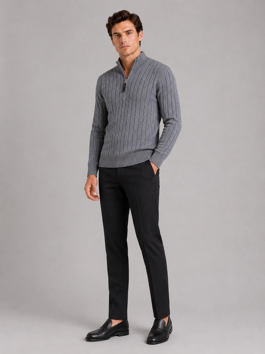 Men’s Cable Knit Pullover Jumper Mock Neck Quarter Zip Warm Autumn Winter Knitwear for Casual and Business Casual Wear