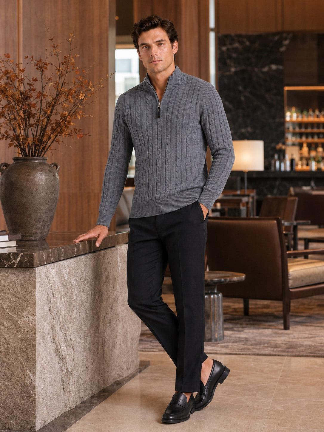 Men’s Cable Knit Pullover Jumper Mock Neck Quarter Zip Warm Autumn Winter Knitwear for Casual and Business Casual Wear
