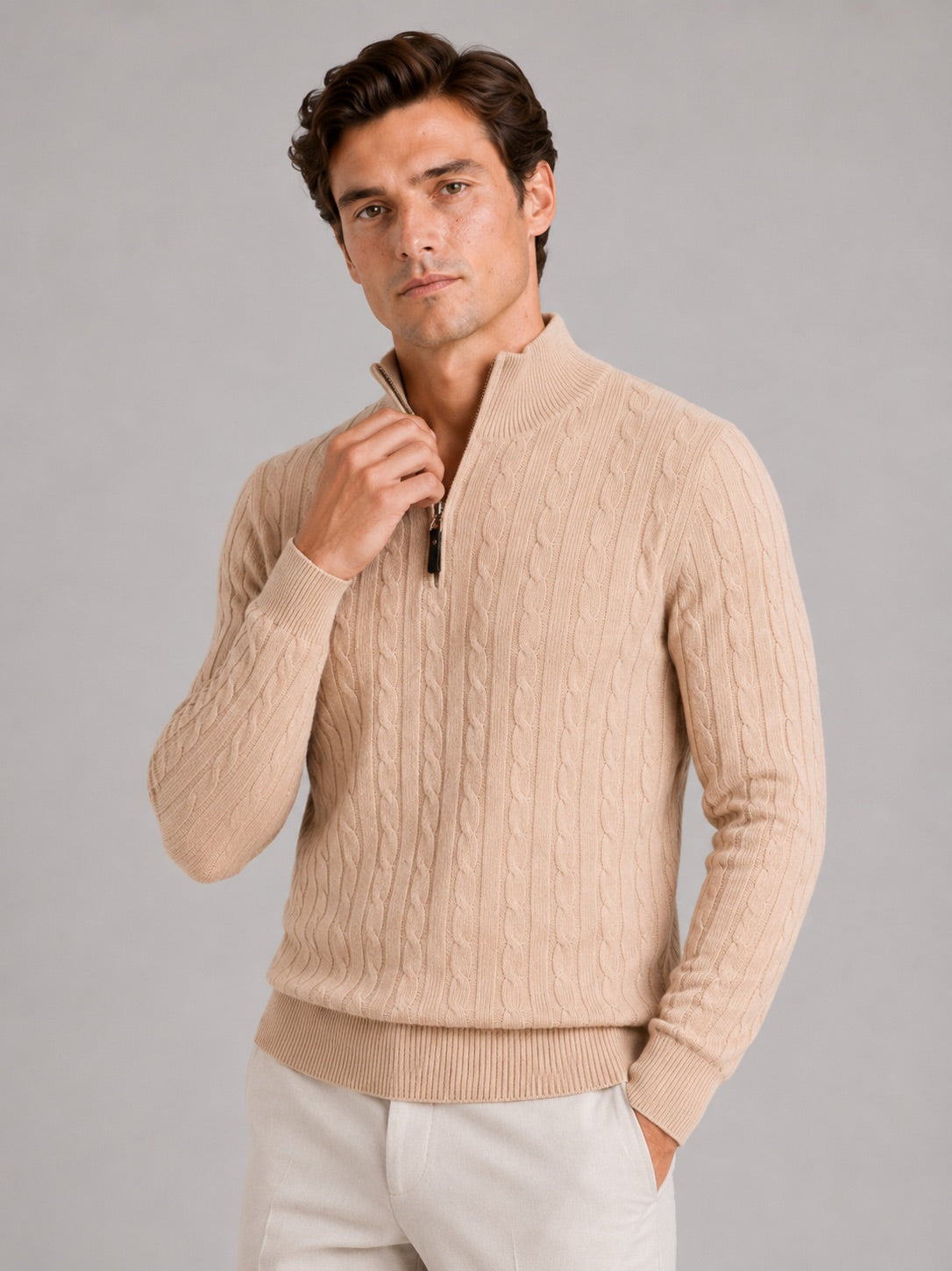 Men’s Cable Knit Pullover Jumper Mock Neck Quarter Zip Warm Autumn Winter Knitwear for Casual and Business Casual Wear