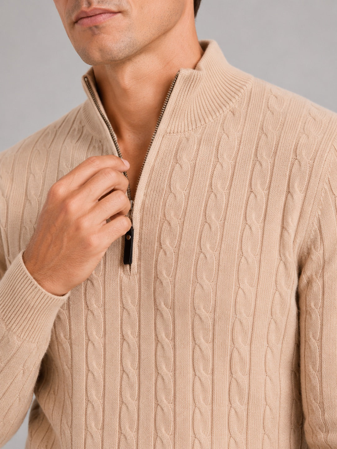 Men’s Cable Knit Pullover Jumper Mock Neck Quarter Zip Warm Autumn Winter Knitwear for Casual and Business Casual Wear