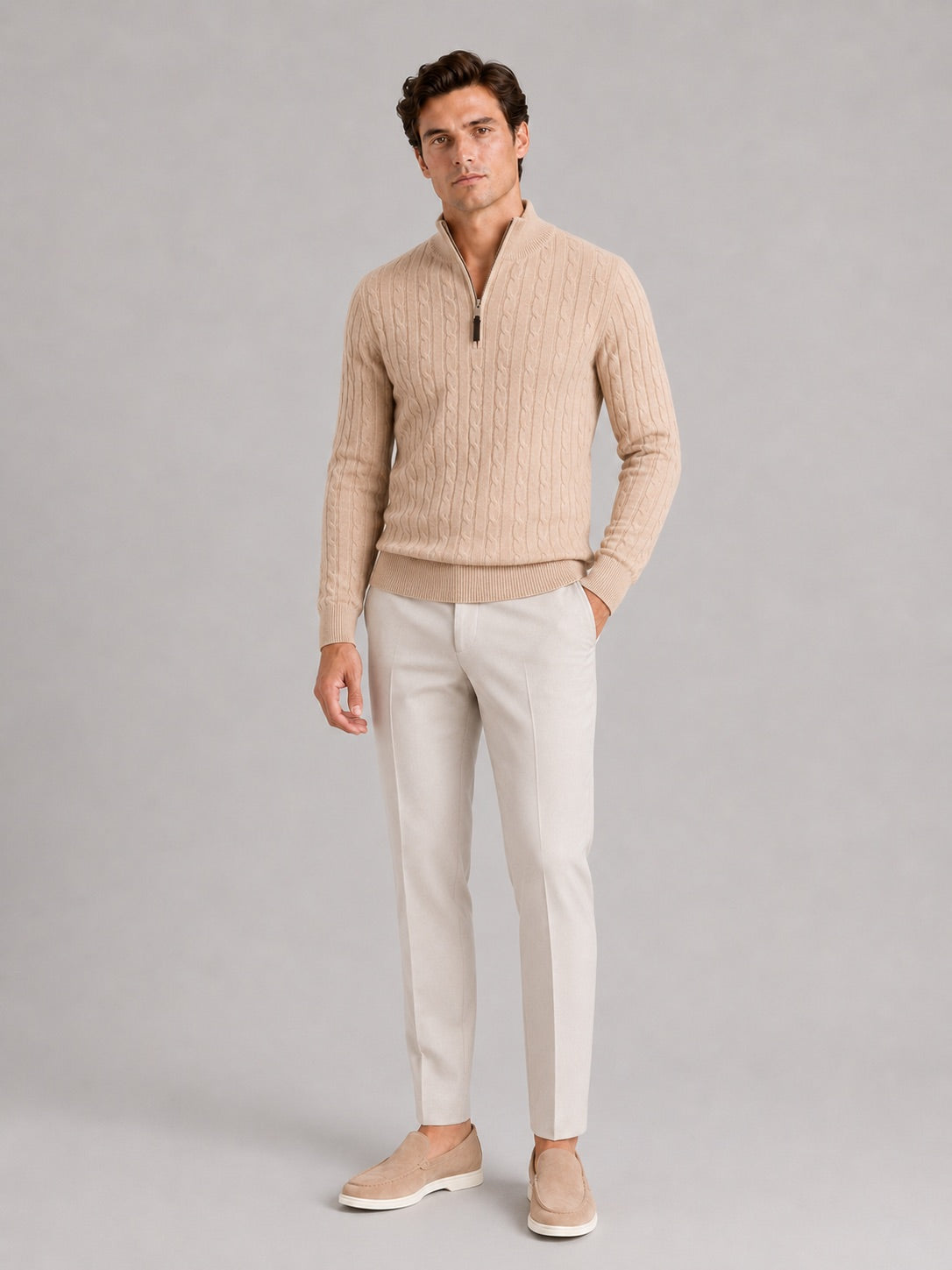 Men’s Cable Knit Pullover Jumper Mock Neck Quarter Zip Warm Autumn Winter Knitwear for Casual and Business Casual Wear