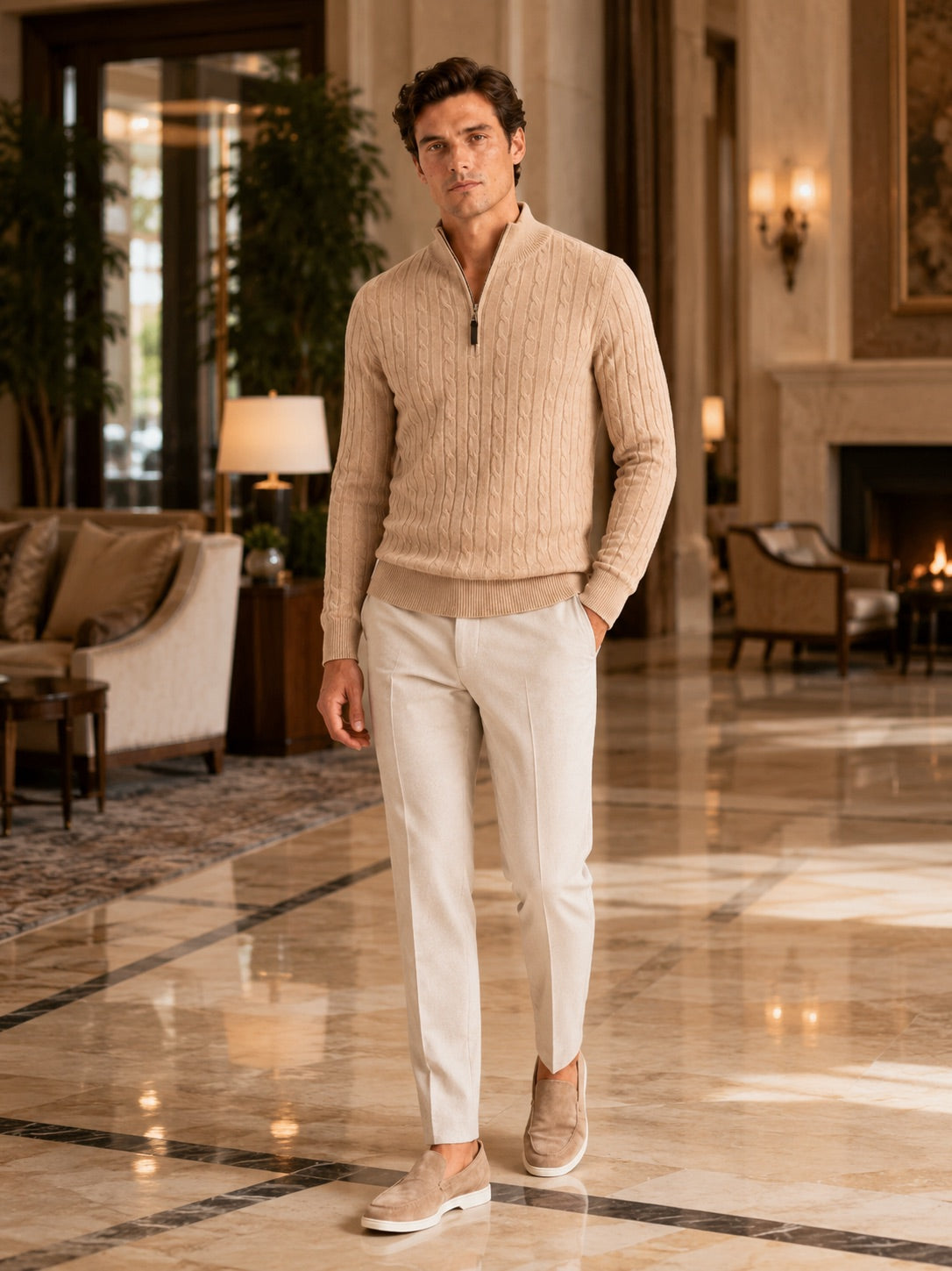 Men’s Cable Knit Pullover Jumper Mock Neck Quarter Zip Warm Autumn Winter Knitwear for Casual and Business Casual Wear