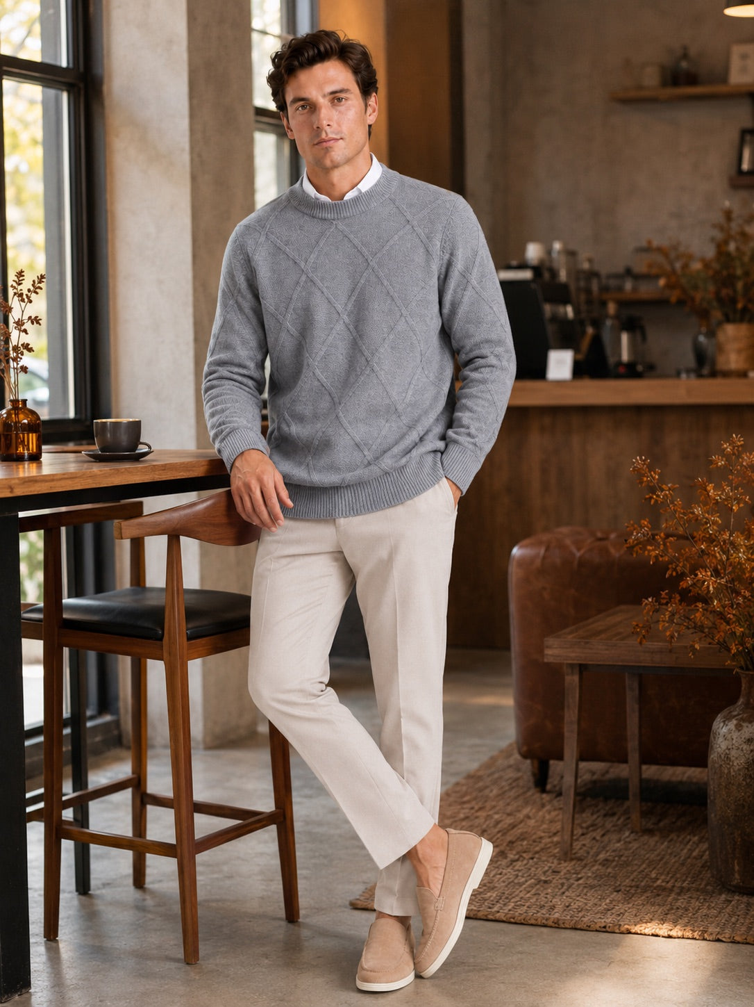 Men’s Cable Knit Jumper Crew Neck Loose Fit Warm Autumn Winter Pullover for Casual and Everyday Wear