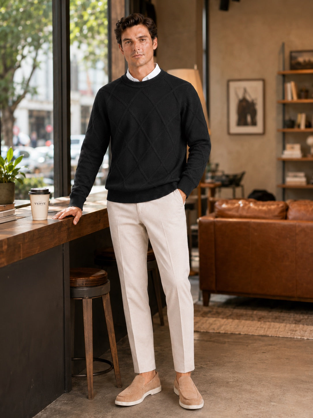 Men’s Cable Knit Jumper Crew Neck Loose Fit Warm Autumn Winter Pullover for Casual and Everyday Wear