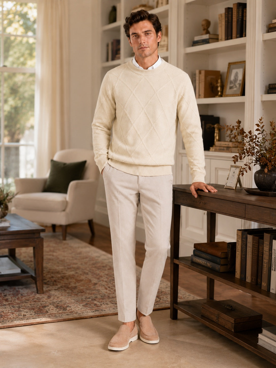 Men’s Cable Knit Jumper Crew Neck Loose Fit Warm Autumn Winter Pullover for Casual and Everyday Wear