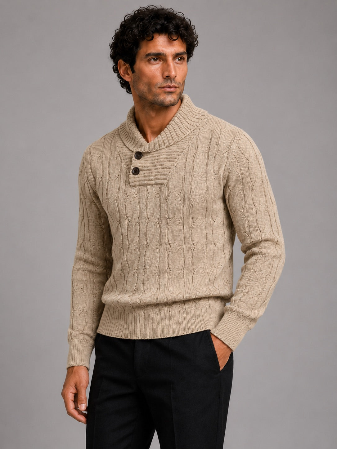Men’s Cable Knit Fisherman V-Neck Jumper Warm Long Sleeve Autumn Winter Pullover for Casual and Outdoor Wear