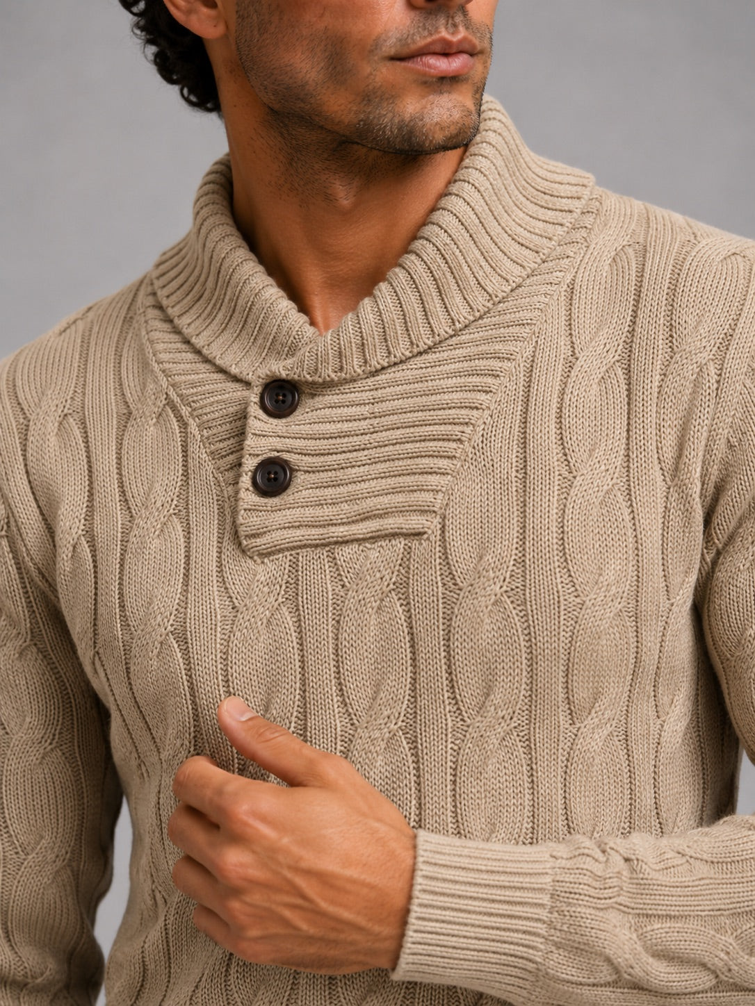 Men’s Cable Knit Fisherman V-Neck Jumper Warm Long Sleeve Autumn Winter Pullover for Casual and Outdoor Wear