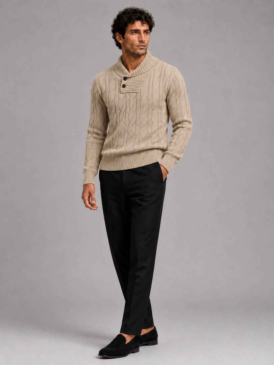 Men’s Cable Knit Fisherman V-Neck Jumper Warm Long Sleeve Autumn Winter Pullover for Casual and Outdoor Wear
