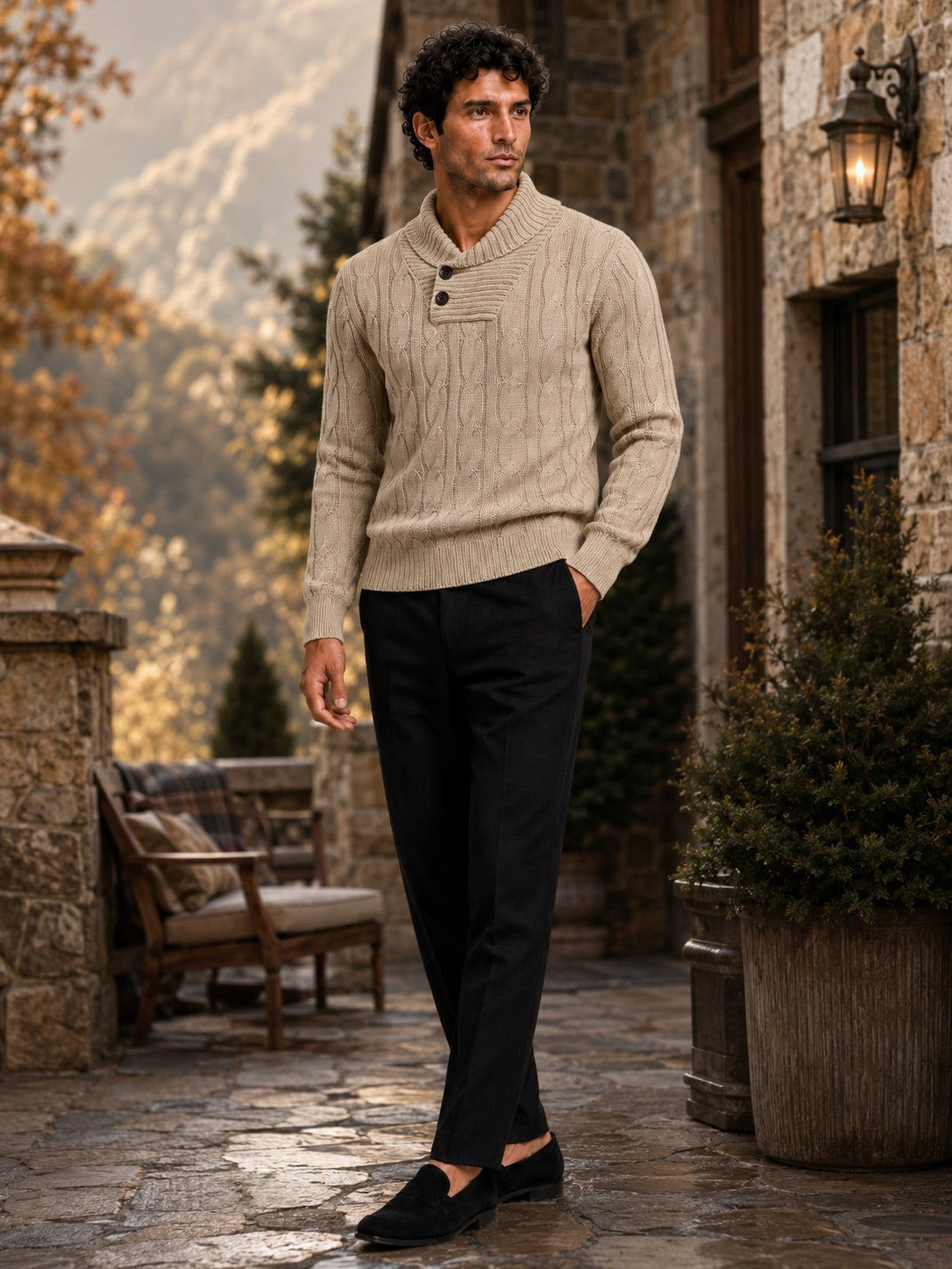 Men’s Cable Knit Fisherman V-Neck Jumper Warm Long Sleeve Autumn Winter Pullover for Casual and Outdoor Wear