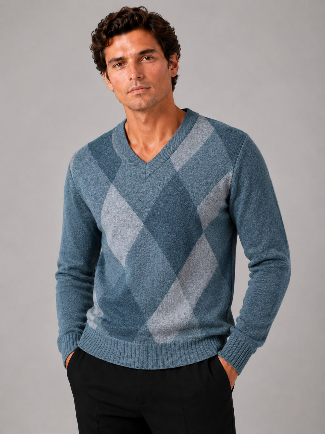 Men’s Check V-Neck Knit Jumper Long Sleeve Autumn Pullover for Business Casual and Everyday Wear