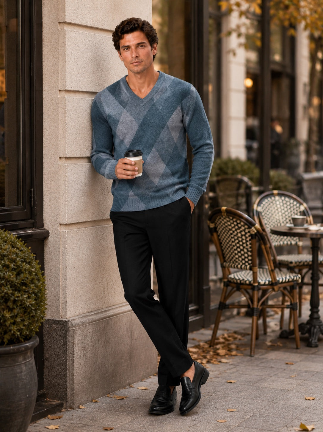 Men’s Check V-Neck Knit Jumper Long Sleeve Autumn Pullover for Business Casual and Everyday Wear