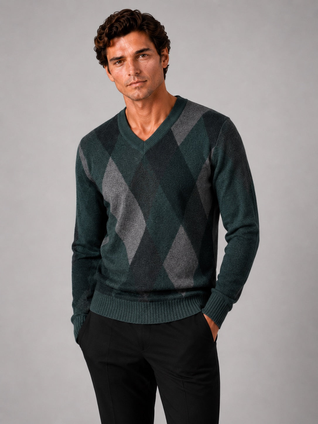 Men’s Check V-Neck Knit Jumper Long Sleeve Autumn Pullover for Business Casual and Everyday Wear
