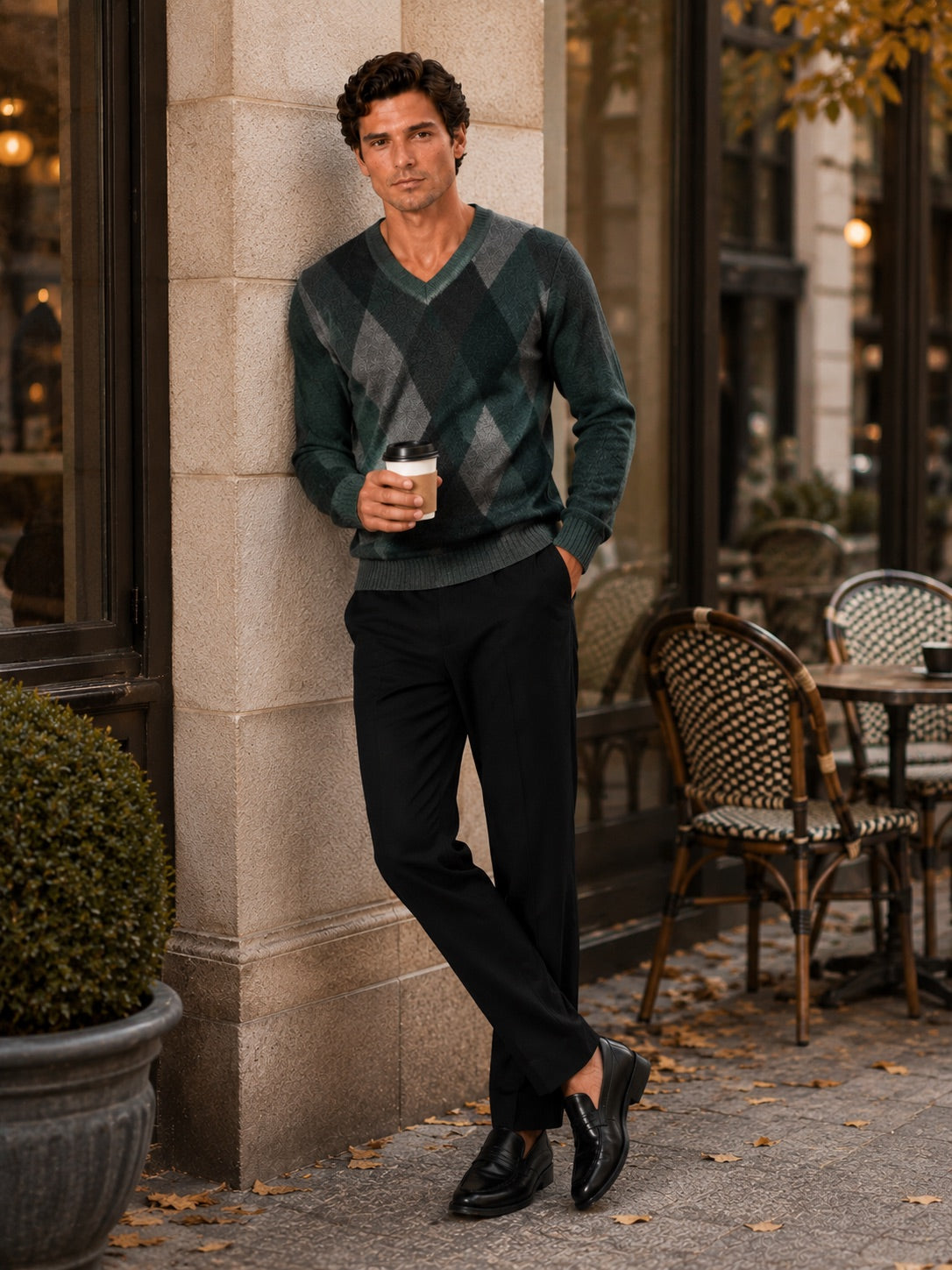 Men’s Check V-Neck Knit Jumper Long Sleeve Autumn Pullover for Business Casual and Everyday Wear