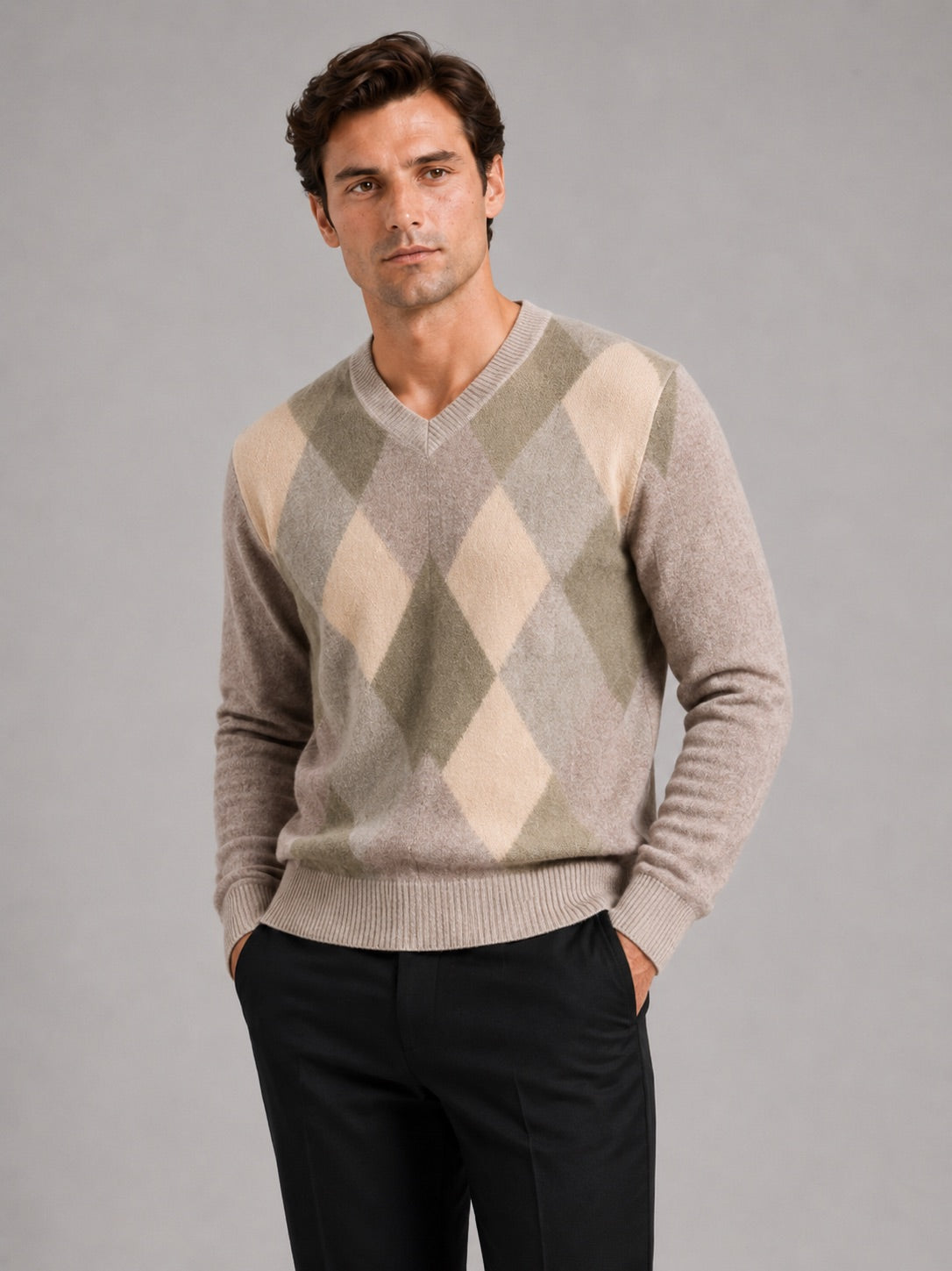 Men’s Check V-Neck Knit Jumper Long Sleeve Autumn Pullover for Business Casual and Everyday Wear