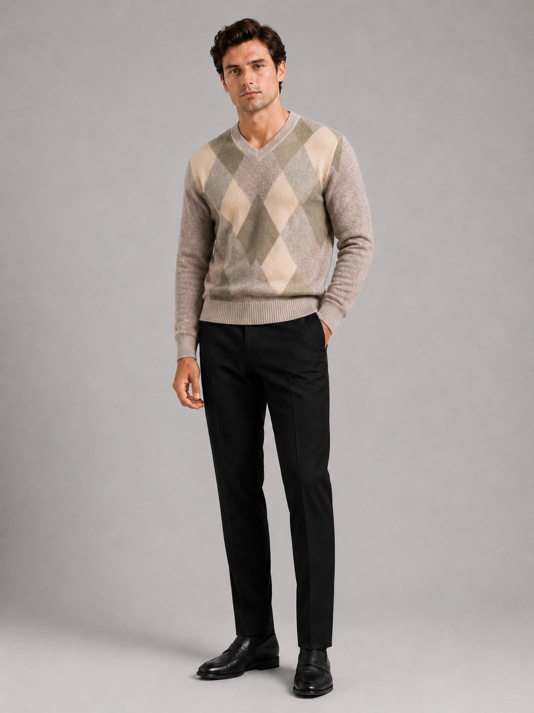Men’s Check V-Neck Knit Jumper Long Sleeve Autumn Pullover for Business Casual and Everyday Wear