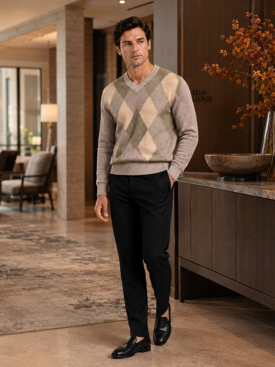 Men’s Check V-Neck Knit Jumper Long Sleeve Autumn Pullover for Business Casual and Everyday Wear