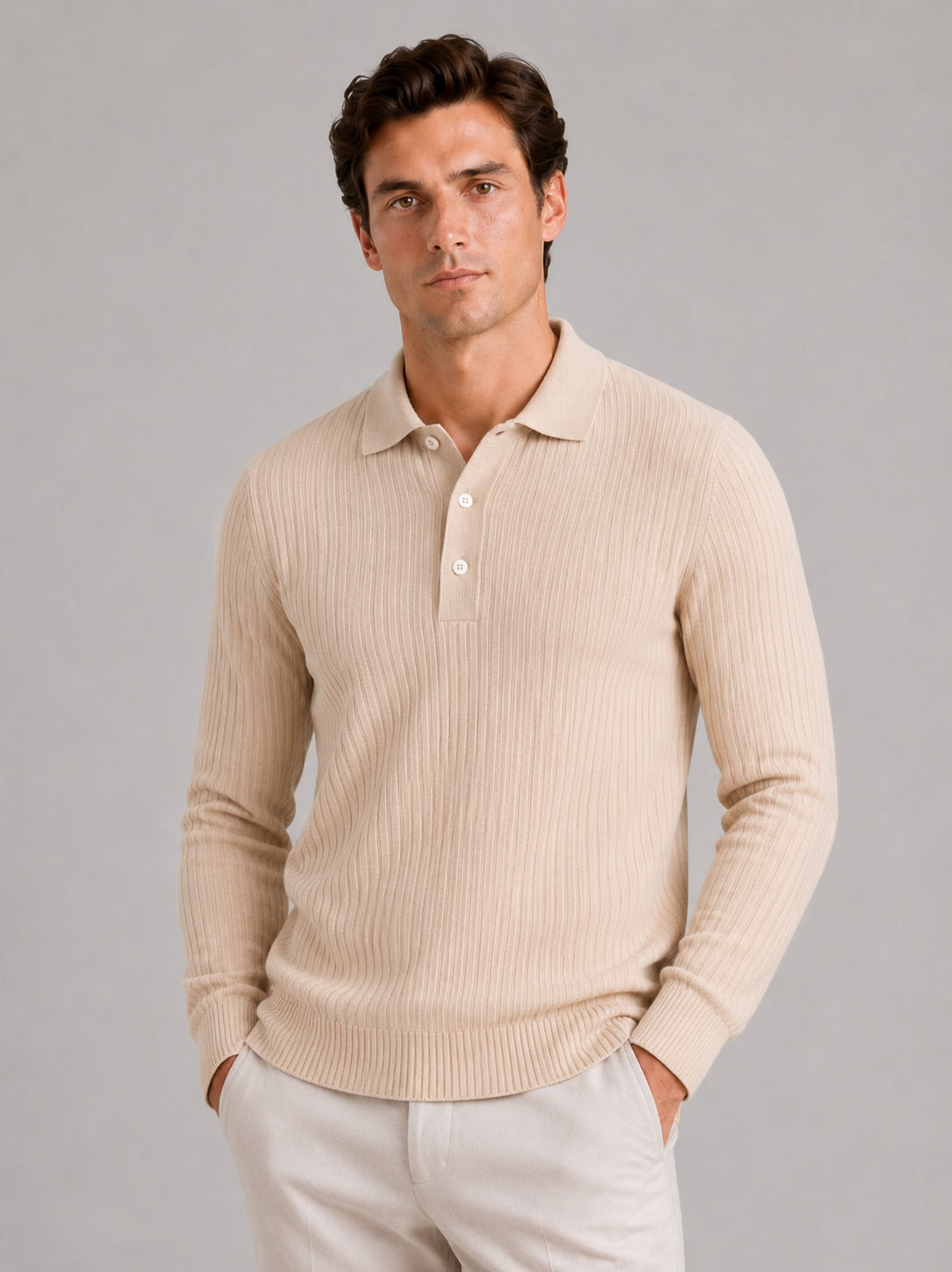 Men’s Ribbed Long Sleeve Polo Shirt Lightweight Casual Top for Vacation, Everyday and Business Wear