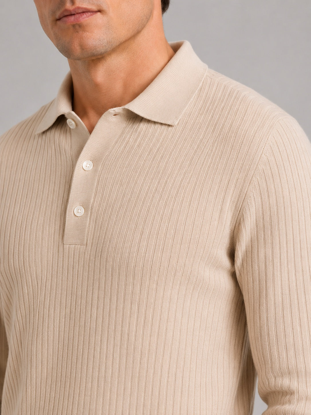 Men’s Ribbed Long Sleeve Polo Shirt Lightweight Casual Top for Vacation, Everyday and Business Wear