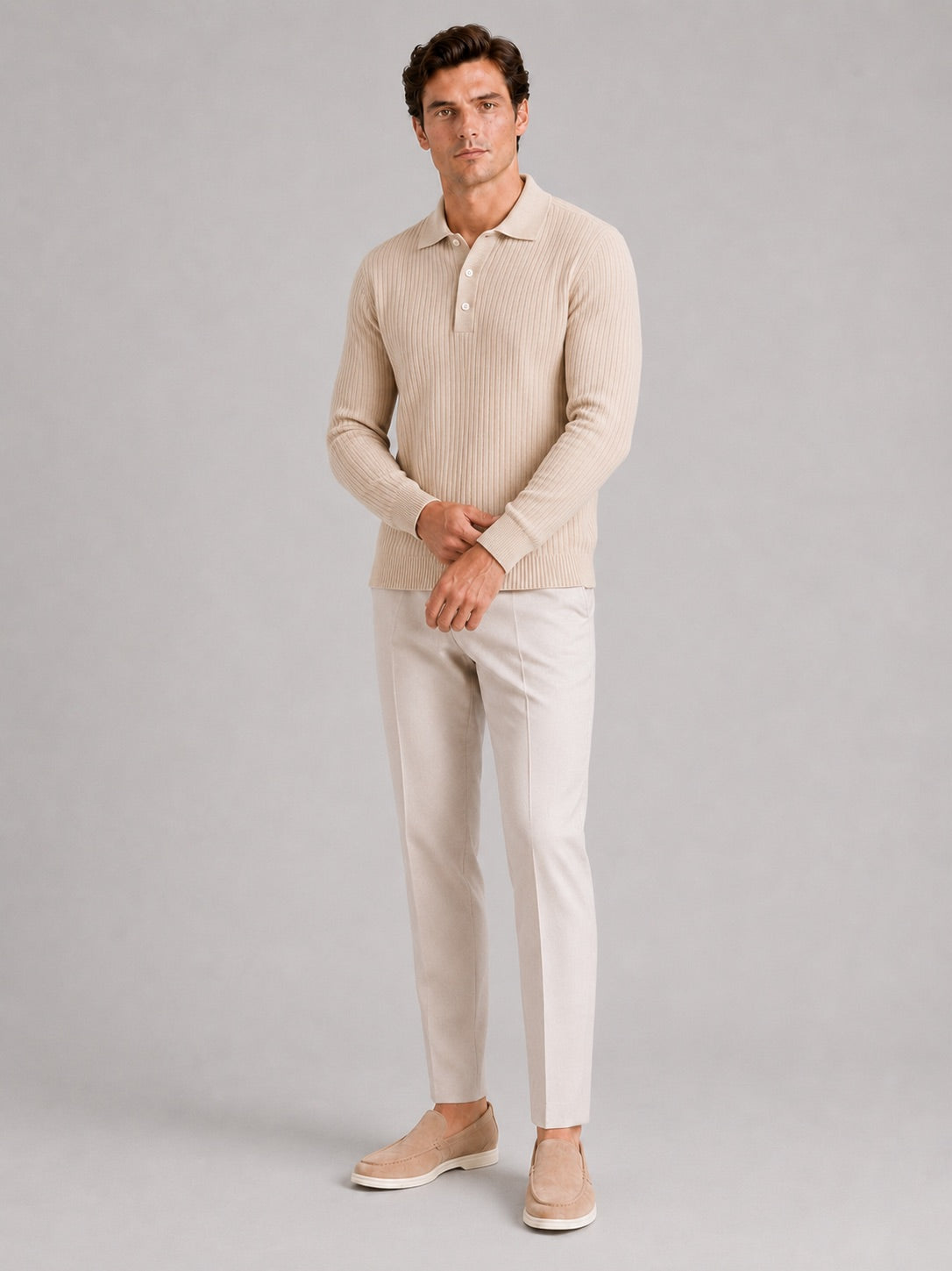 Men’s Ribbed Long Sleeve Polo Shirt Lightweight Casual Top for Vacation, Everyday and Business Wear