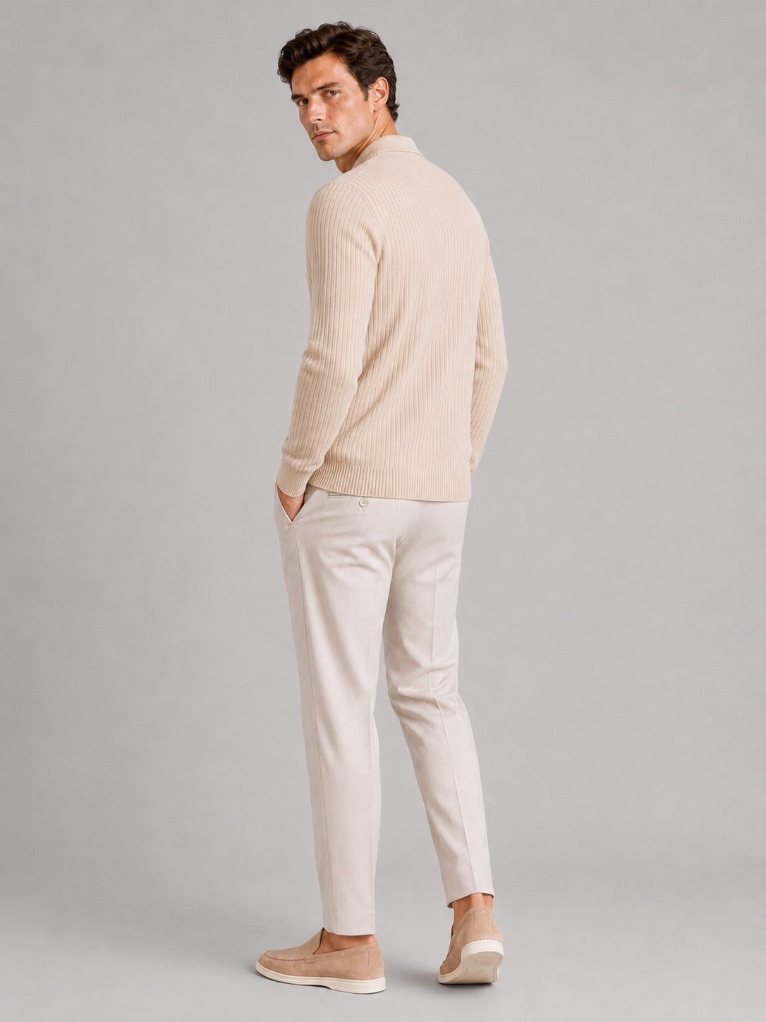 Men’s Ribbed Long Sleeve Polo Shirt Lightweight Casual Top for Vacation, Everyday and Business Wear