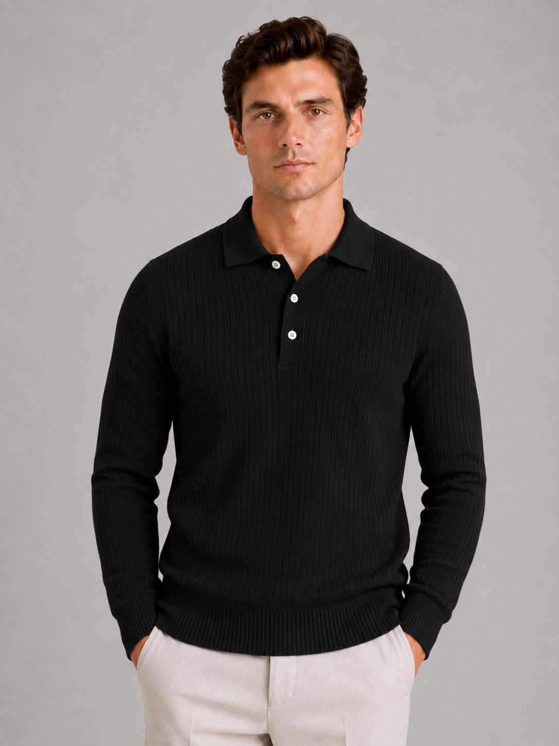 Men’s Ribbed Long Sleeve Polo Shirt Lightweight Casual Top for Vacation, Everyday and Business Wear