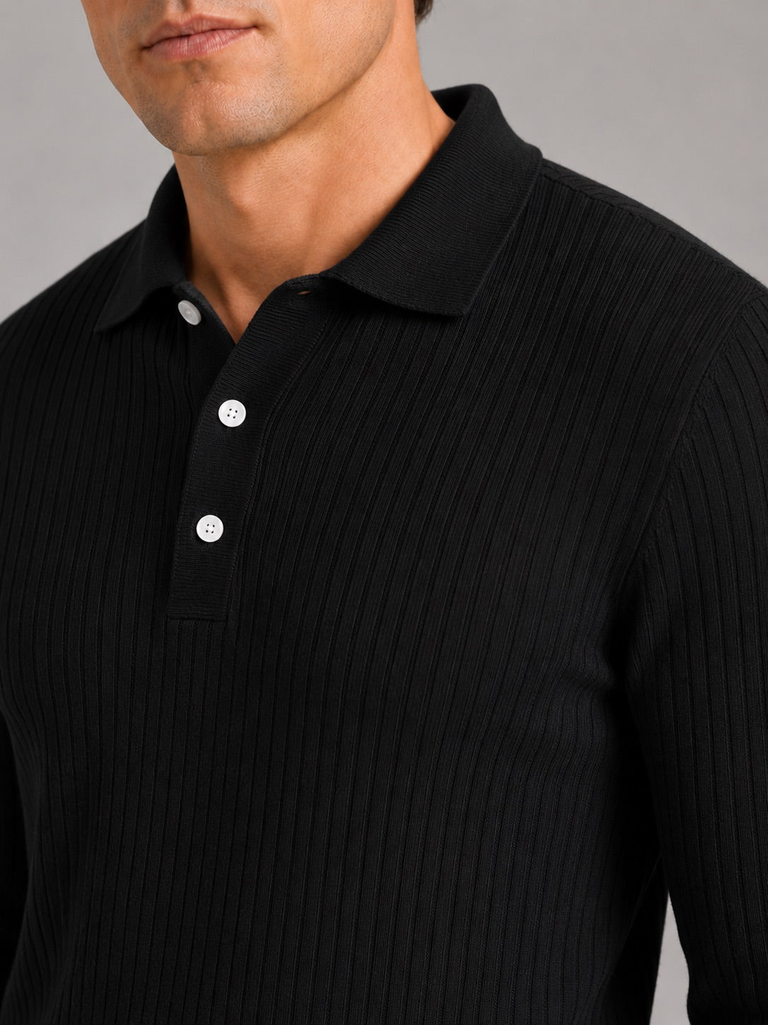 Men’s Ribbed Long Sleeve Polo Shirt Lightweight Casual Top for Vacation, Everyday and Business Wear