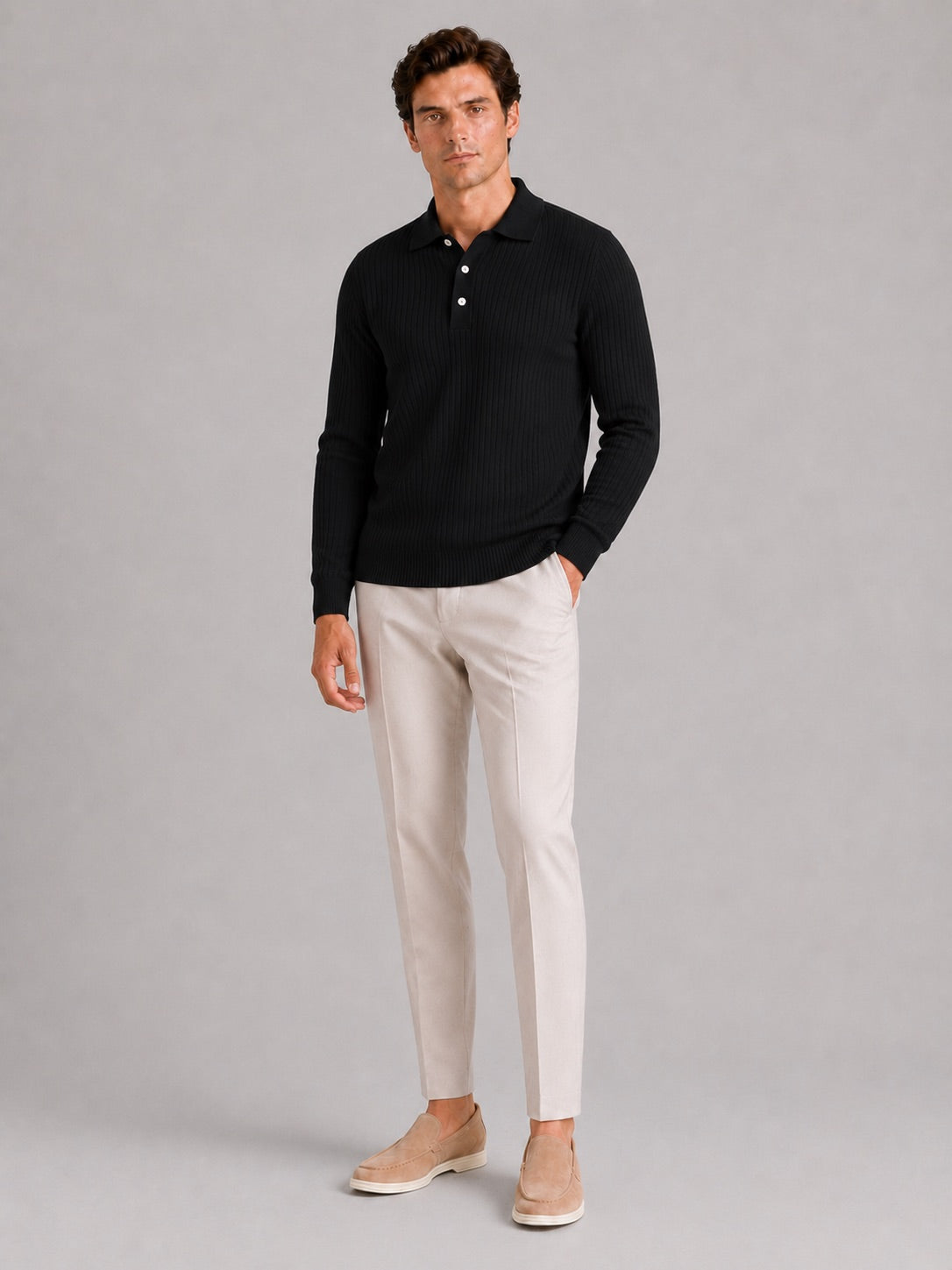 Men’s Ribbed Long Sleeve Polo Shirt Lightweight Casual Top for Vacation, Everyday and Business Wear