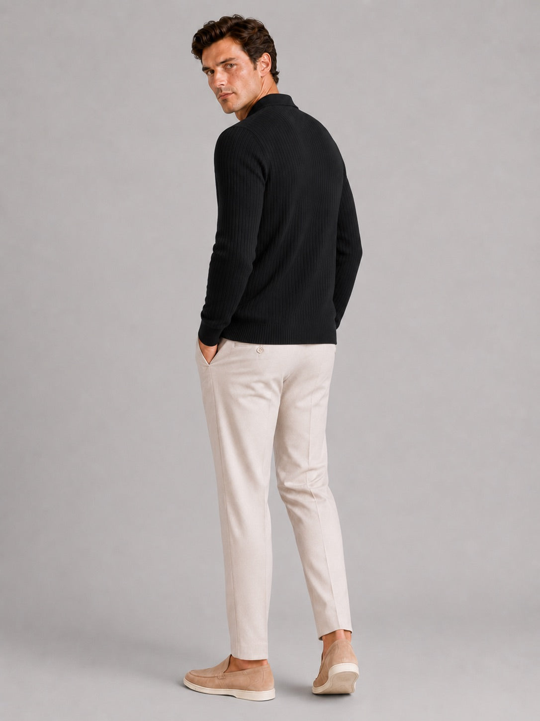 Men’s Ribbed Long Sleeve Polo Shirt Lightweight Casual Top for Vacation, Everyday and Business Wear