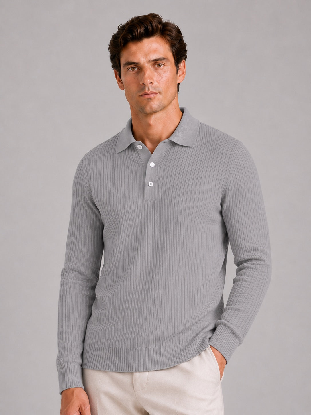 Men’s Ribbed Long Sleeve Polo Shirt Lightweight Casual Top for Vacation, Everyday and Business Wear
