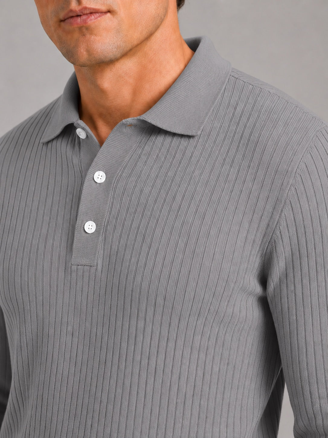 Men’s Ribbed Long Sleeve Polo Shirt Lightweight Casual Top for Vacation, Everyday and Business Wear