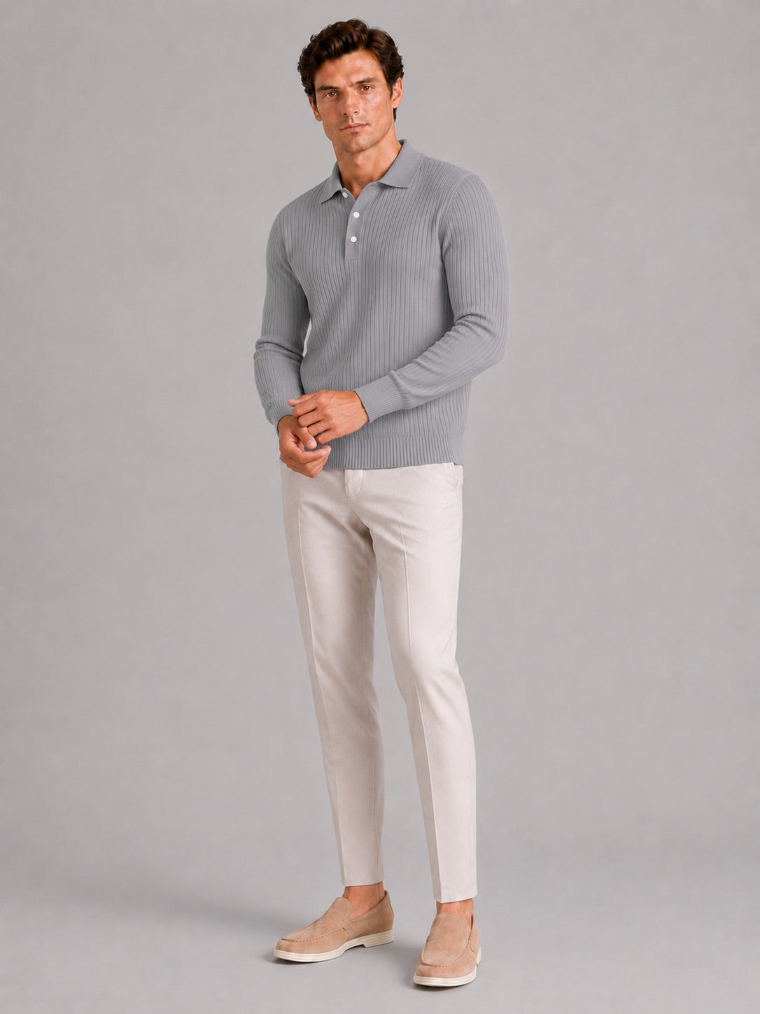 Men’s Ribbed Long Sleeve Polo Shirt Lightweight Casual Top for Vacation, Everyday and Business Wear