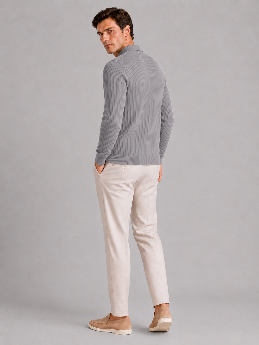 Men’s Ribbed Long Sleeve Polo Shirt Lightweight Casual Top for Vacation, Everyday and Business Wear