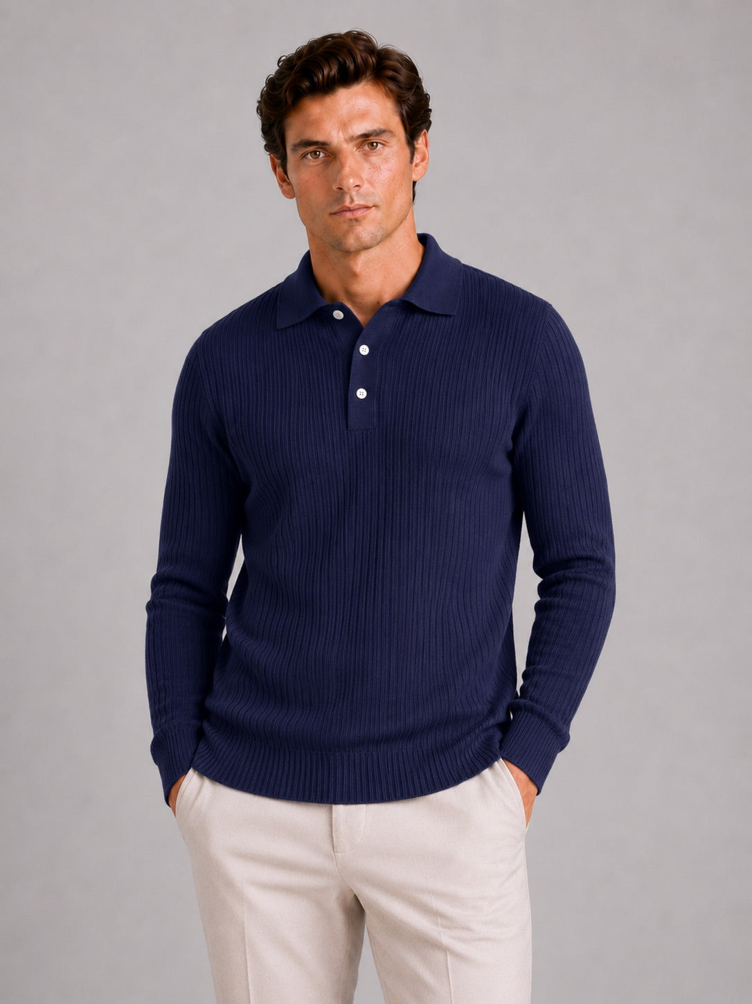 Men’s Ribbed Long Sleeve Polo Shirt Lightweight Casual Top for Vacation, Everyday and Business Wear