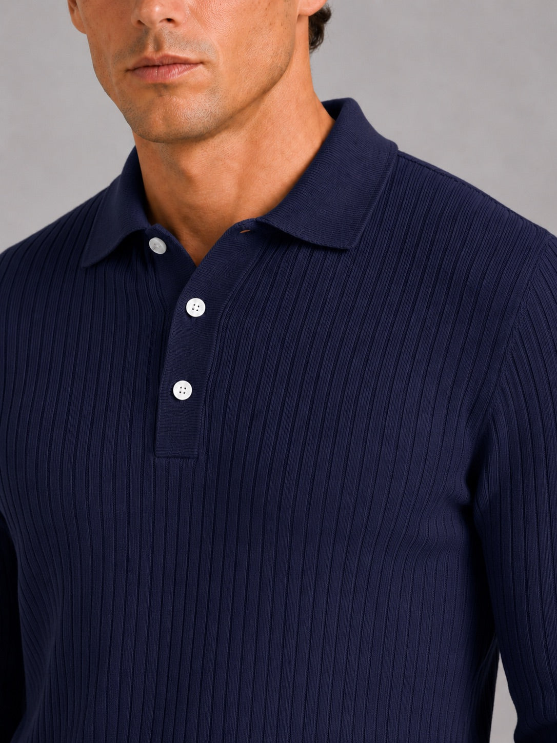 Men’s Ribbed Long Sleeve Polo Shirt Lightweight Casual Top for Vacation, Everyday and Business Wear