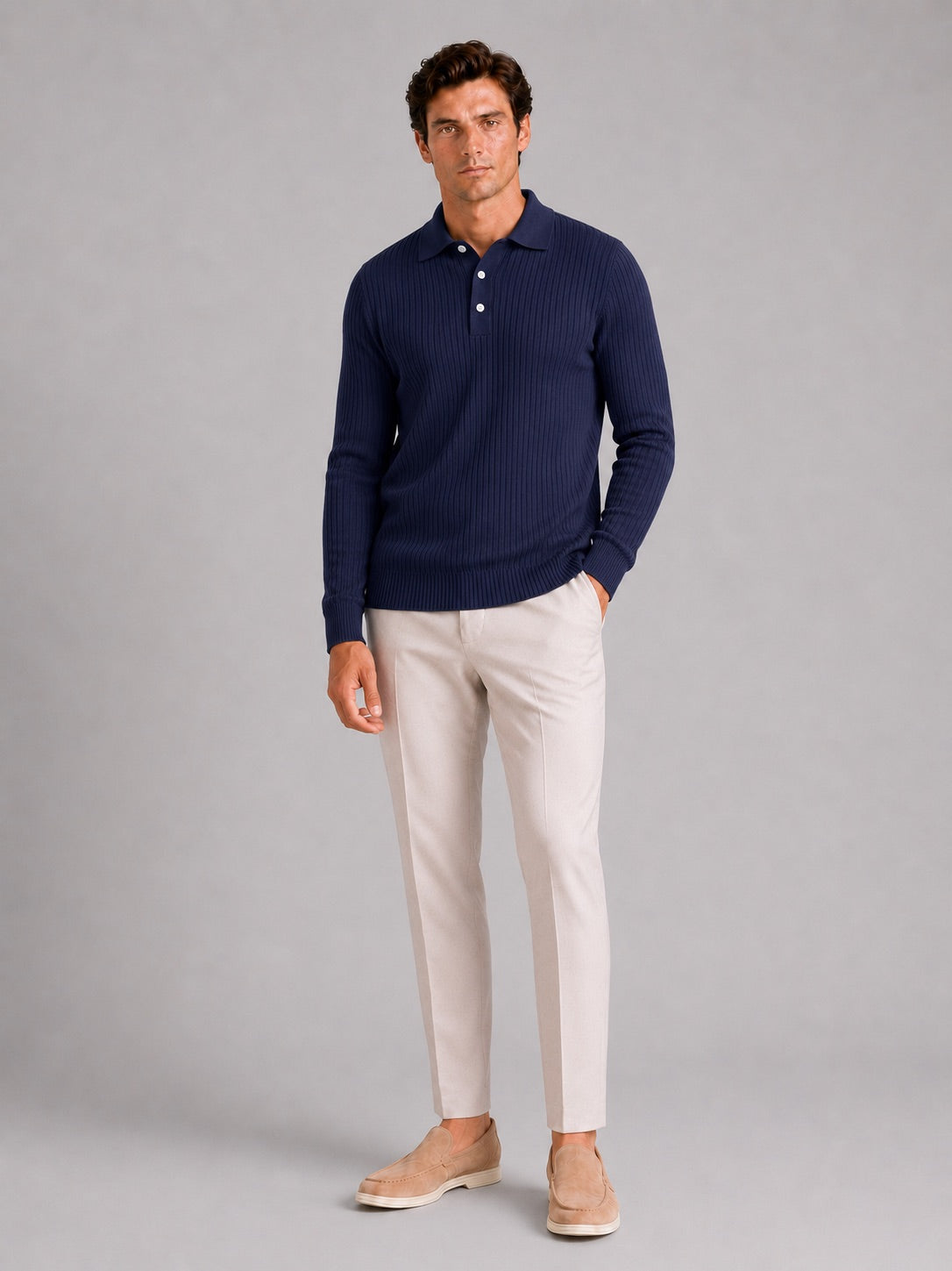 Men’s Ribbed Long Sleeve Polo Shirt Lightweight Casual Top for Vacation, Everyday and Business Wear