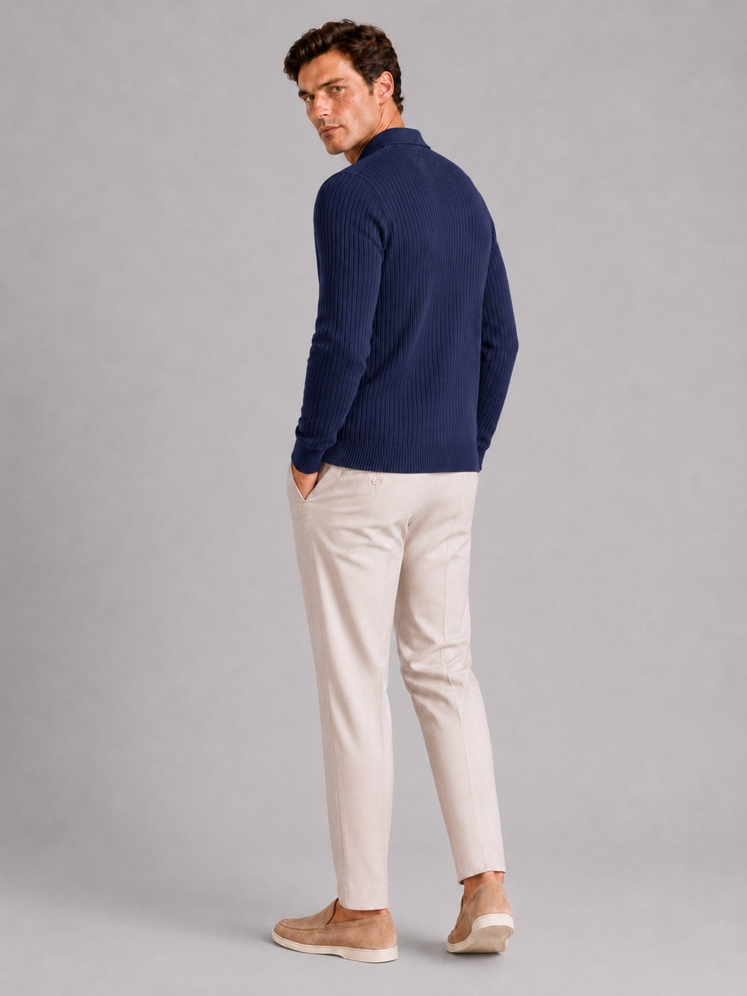 Men’s Ribbed Long Sleeve Polo Shirt Lightweight Casual Top for Vacation, Everyday and Business Wear