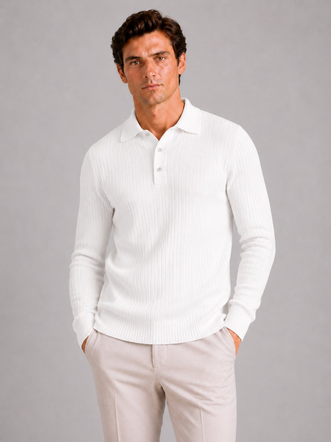 Men’s Ribbed Long Sleeve Polo Shirt Lightweight Casual Top for Vacation, Everyday and Business Wear