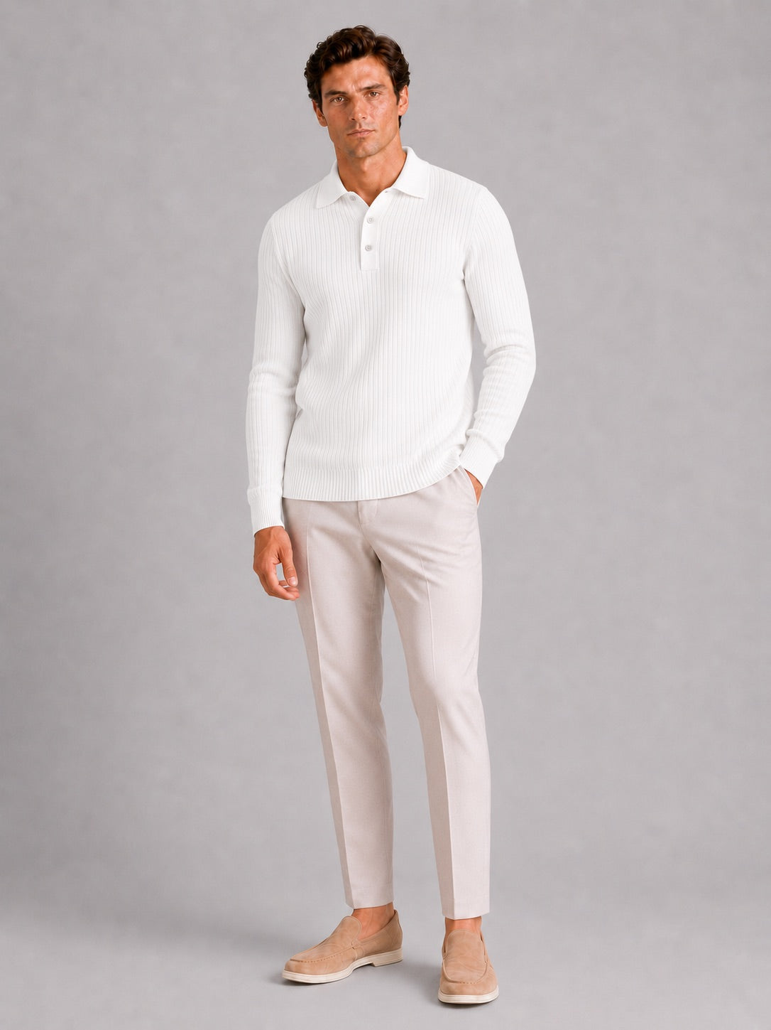 Men’s Ribbed Long Sleeve Polo Shirt Lightweight Casual Top for Vacation, Everyday and Business Wear