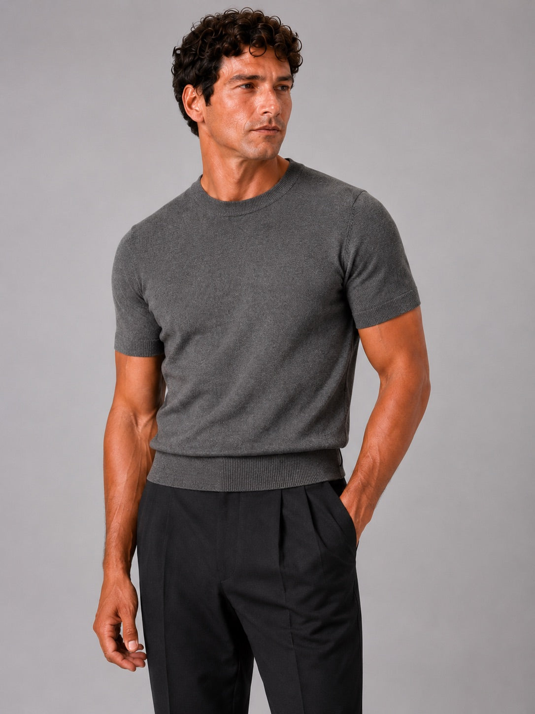 Men’s Knit T-Shirt Lightweight Short Sleeve Summer Lounge Top Crew Neck Solid Colour