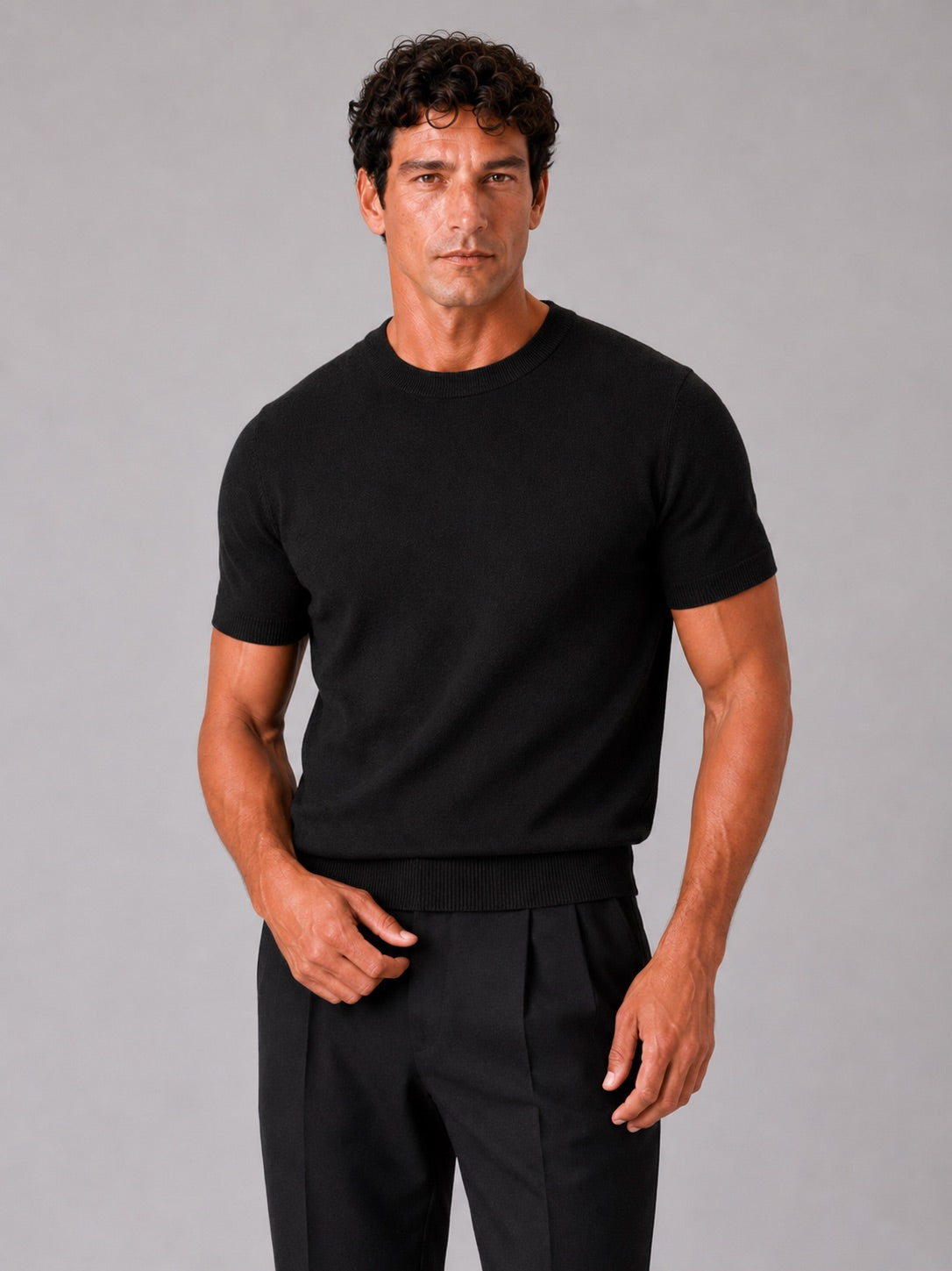 Men’s Knit T-Shirt Lightweight Short Sleeve Summer Lounge Top Crew Neck Solid Colour